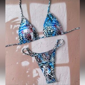 Blue Animal Print Triangle Bikini Set